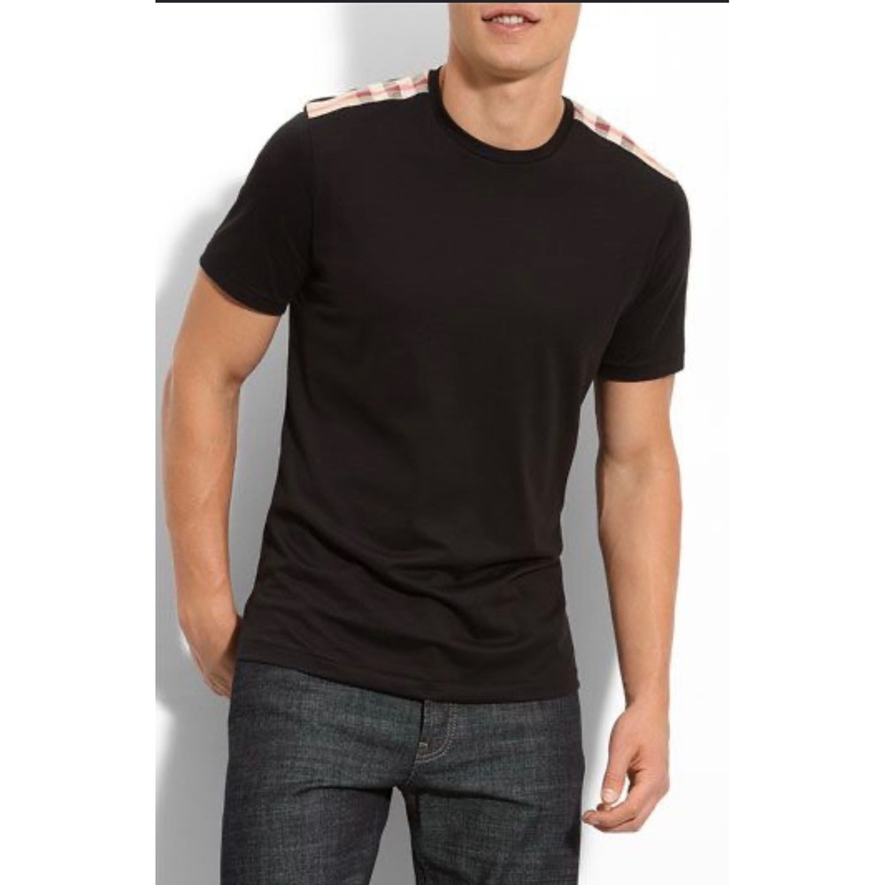 Burberry Brit T Shirt Mens XL Black Excellent Nova Check Shoulder Tee Designer